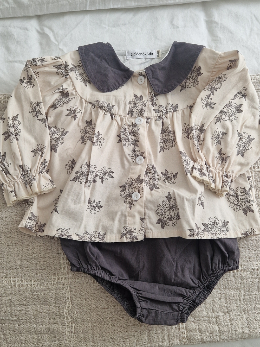 Beige Floral Blouse and Charcoal Bloomers Set